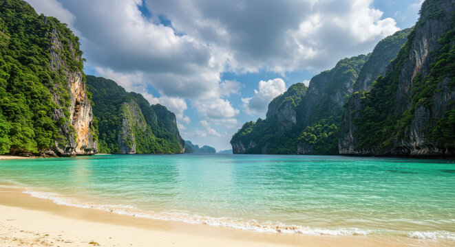 Idyllic tropical paradise beach serenity with turquoise water and dramatic limestone cliffs