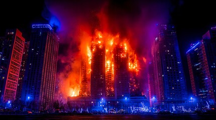 Obraz premium Multi-Story Residential Building Engulfed in Flames at Night 