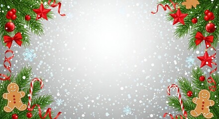 Festive Christmas border with pine branches, ornaments, candy canes, gingerbread cookies, and falling snow for holiday greetings