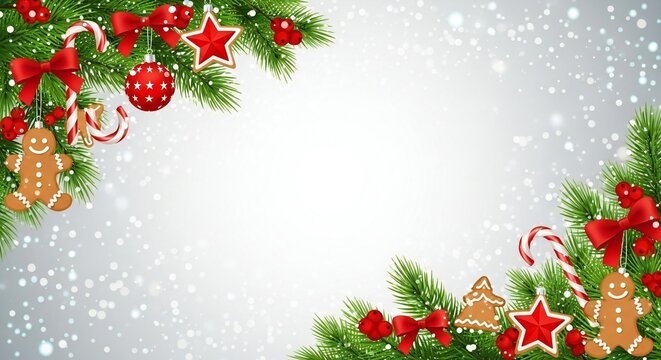 Festive Christmas border with gingerbread cookies, candy canes, red bows, ornaments, and falling snow creates a magical holiday atmosphere - Powered by Adobe