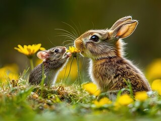Obraz premium Cute Mouse and Rabbit Playing in Flower Meadow, Spring Animal Friendship Scene for Children's Book Illustration