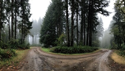 Naklejka premium Misty forest road intersection