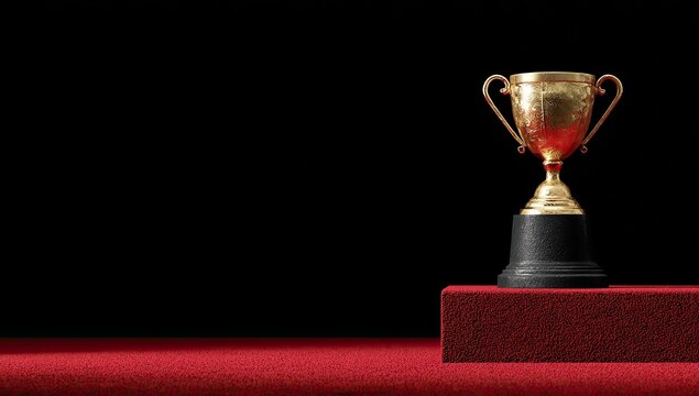 Gold trophy on red carpet against black background
