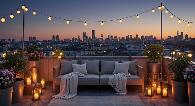 Rooftop lounge area overlooking a city skyline, illuminated by string lights and candles