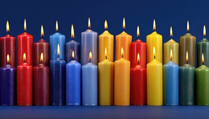 A row of colorful candles lit against a dark blue background