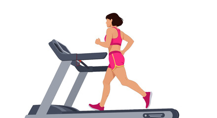 Fototapeta premium Woman in Pink Sportswear Running on Treadmill for Fitness Exercise Indoors Against White Background
