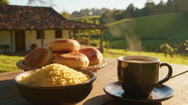 Farm breakfast table with cuscuz, cheese bread, and coffee. Brazilian countryside scene with a rustic house in the background. Ideal for food and rural lifestyle themes.