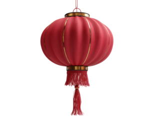 Elegant Red Lantern with Decorative Fringes Hanging on a String in Vibrant Light Setting