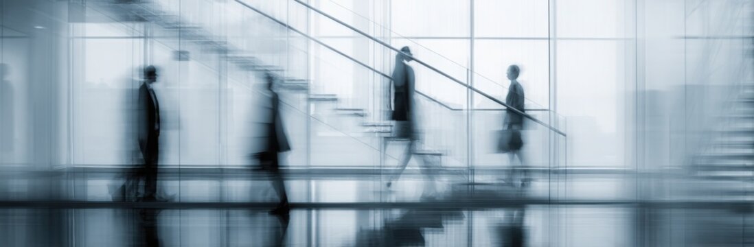 Abstract blurred motion of business people walking on a glass staircase in a modern office building, concept for human resources or a digital work environment. - Powered by Adobe