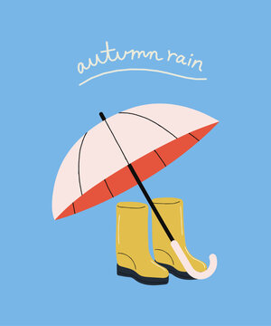 Umbrella and Rain boots. Autumn Rain Vector Illustration