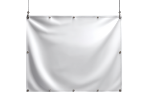 Blank white banner hanging with clips against a transparent background for customizable displays