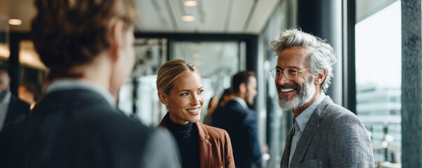 Business professionals networking in modern office, smiling and engaged in conversation, natural light, positive atmosphere