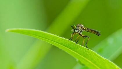 Fototapeta premium Robber fly on a blade of grass