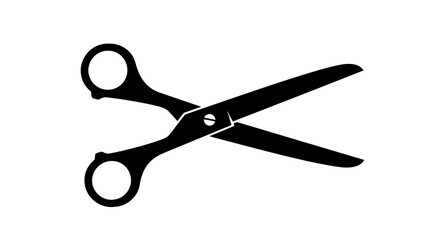 A stark black and white image showcasing a pair of open scissors against a plain white background space