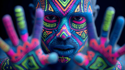 Fototapeta premium Neon body paint tribal pattern face hand blue skin glowing artistic colorful expressive closeup Neon body paint with tribal pattern face and hand