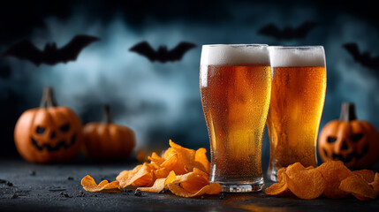 Two cold beer glasses with frothy tops surrounded by potato chips, carved pumpkin lanterns, and flying bats create festive Halloween mood