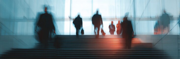 Abstract blurred motion of business people walking on a glass staircase in a modern office building, concept for human resources or a digital work environment.