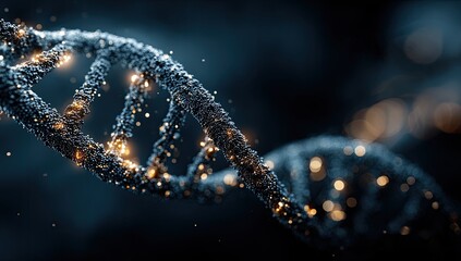 DNA helix, glowing sparks, dark background