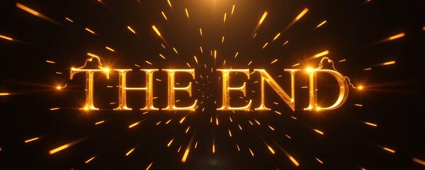 End golden text glowing light dramatic cinematic dark background celebration sparkle elegant joyful conclusion