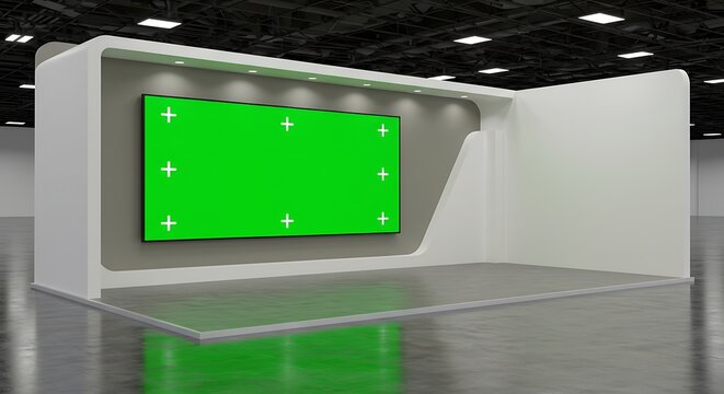 Modern Stage Set with Green Screen Ideal for Virtual Events and Presentations
