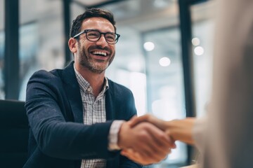 Happy businessman shaking hands with his new friend in the office.