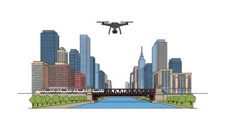 Naklejka premium Vector Cityscape Featuring a Drone Over a River with Modern Buildings and Bridge in a Clean Architecture and a White Background