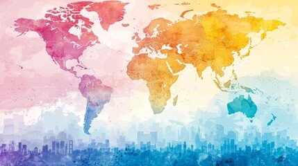 Elegant minimalist world map outline featuring major cities in beautiful watercolor design