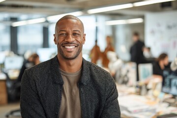 Obraz premium Portrait of a cheerful man with standing confidently with arms crossed in a contemporary open-plan office workspace.