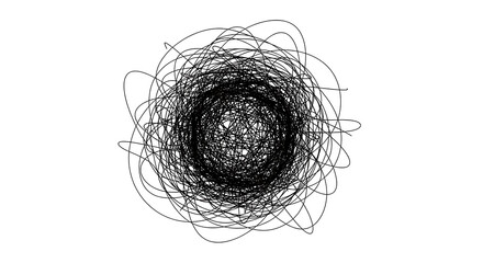 A tangled mess of black lines forming a circular shape on a plain white background in a simple drawing style