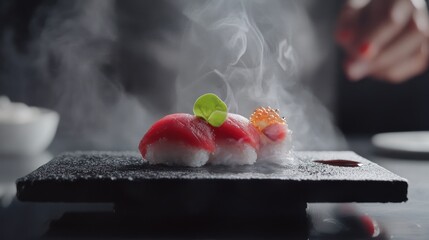 Luxurious omakase sushi experience chefs selection artfully presented on black stone dramatic spotlighting zen minimalism .