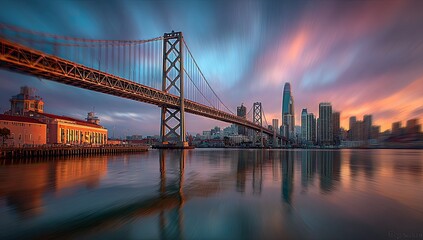 Obraz premium Golden Bay Bridge at Sunrise. City skyline reflected