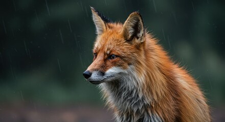 Fototapeta premium Close-up portrait of a red fox, head turned towards the right, with orange-red fur, dark eyes, and a backdrop of a blurred forest in the rain