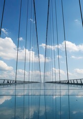 Fototapeta premium Modern glass suspension bridge reflecting sky, clouds, and cables