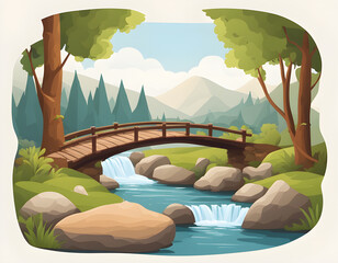 Wooden bridge over a stream with waterfalls, surrounded by trees and mountains.