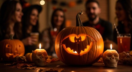 Carved pumpkin with a bat sits amidst skull candles  autumn leaves people blurred in the background