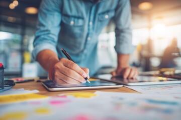 Close-up of a designer writing and sketching at a desk filled with colorful papers, notebook, and digital tablet in office.