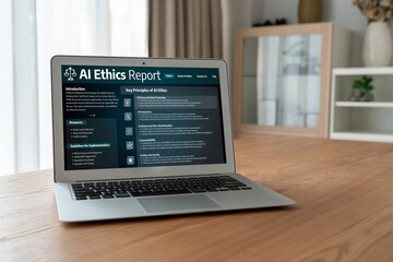 Fototapeta premium AI ethics responsibility standard law and rules on computer screen provide report of AI ethic transparency preventing technology crime. brisk