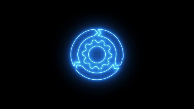Neon glowing agile system, gear rotation, circular arrows, and continuous cycle animation, agile workflow development and teamwork concept, 4k video on black background, technology concept