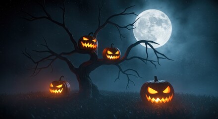 Spooky pumpkins adorn a bare tree under a bright full moon on a foggy Halloween night