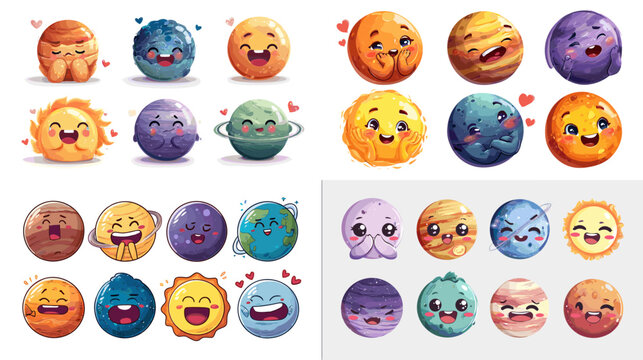 Colorful cartoon planets of the solar system with expressive emoji faces, creative character design for astronomy, space education, and playful illustrations.