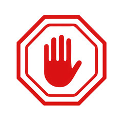 Obraz premium Red stop sign with open hand symbol indicating halt or warning isolated on transparent background
