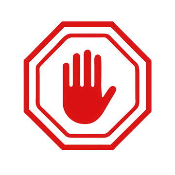 Red stop sign with open hand symbol indicating halt or warning isolated on transparent background