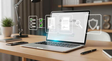 Laptop displaying certificates and security icons on a wooden desk with office accessories around it