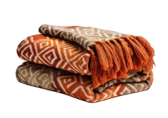 Folded, patterned throw blanket with fringe