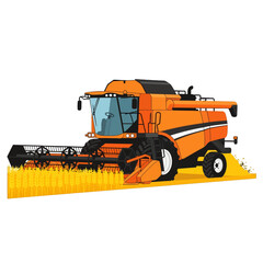 Obraz premium Orange Combine Harvester Harvesting Golden Wheat Crop on Field on White Background Pixel Art Style Illustration