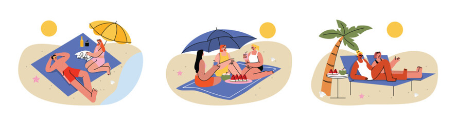 Summer Beach Vacation People Relaxing Flat Illustration