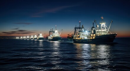 Nighttime Fleet of Illuminated Fishing Vessels at Sea