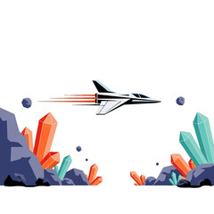Pixel Art White Jet Flying Through Crystal Landscape with Orange and Teal Accent on White Background