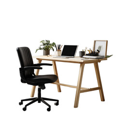 Simple, minimalist workspace with wooden desk and black chair