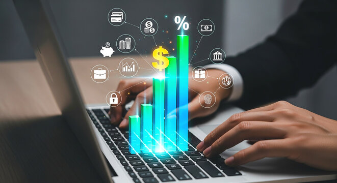 Person typing on laptop with financial icons and bar graph overlay representing growth and success